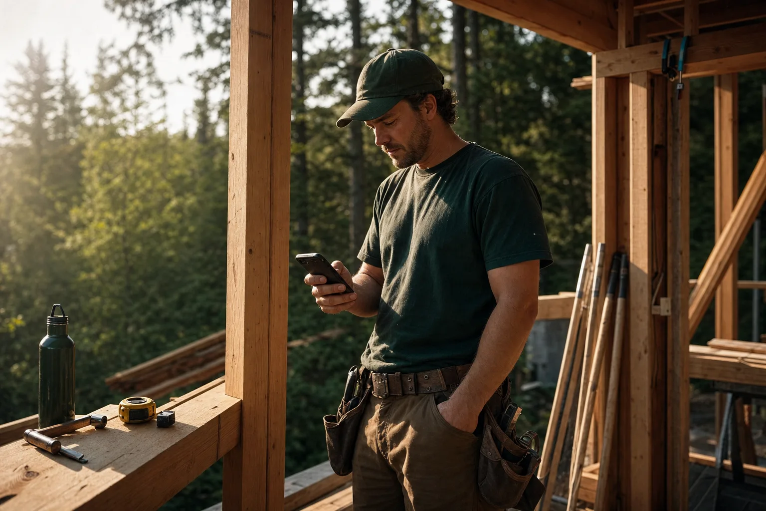 A local trades owner checking a phone at an active job site