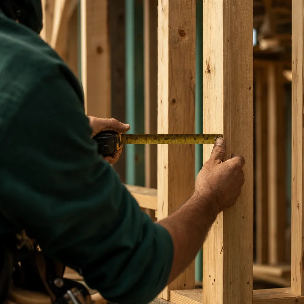 A tradesperson measuring finished timber carefully on site