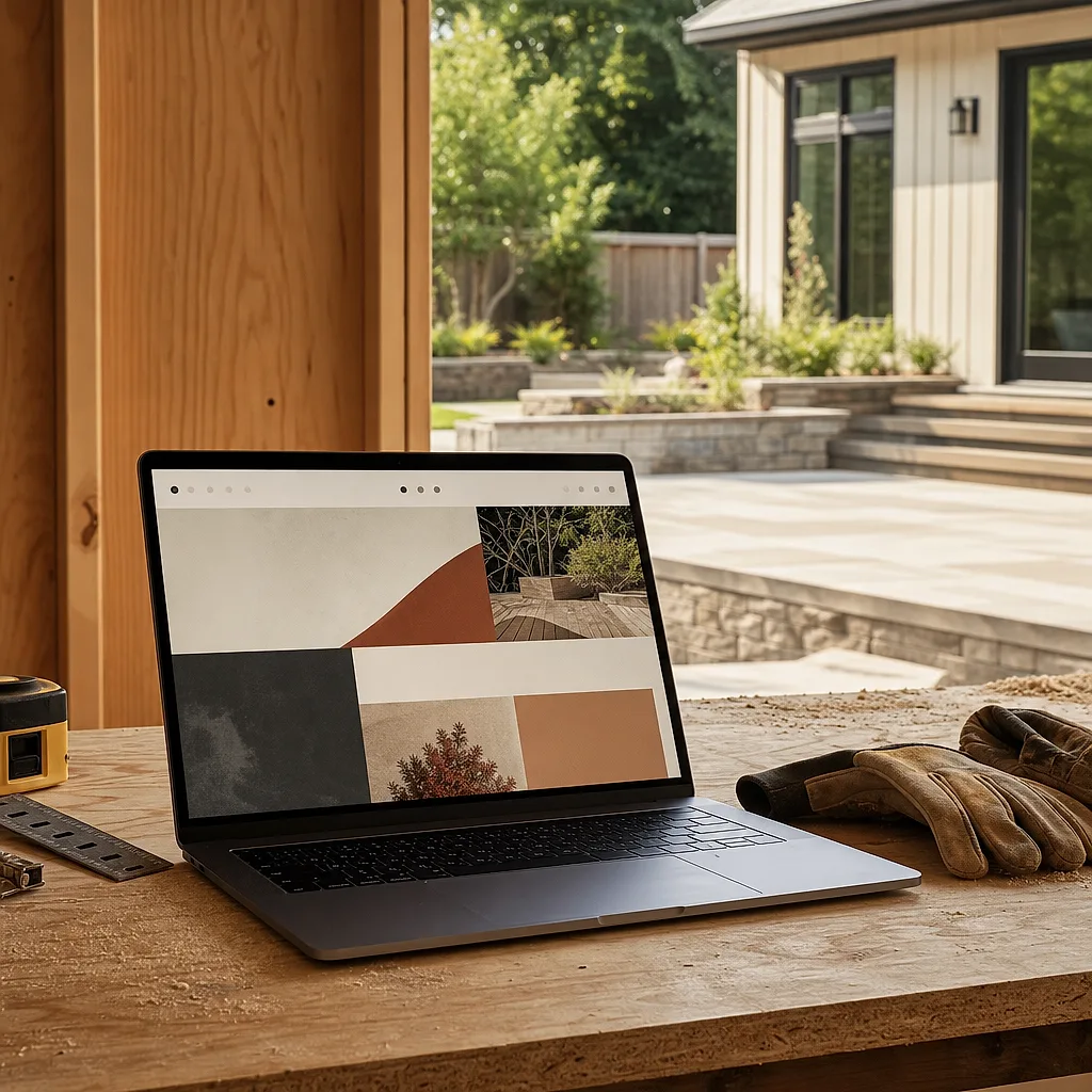 A completed local-business website shown on a laptop beside finished trade work